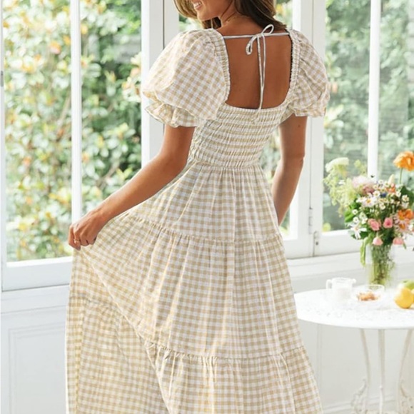 ZESICA Bohemian Summer Plaid Square Neck Puff Sleeve Ruffle Beach Midi Dress - Picture 3 of 4